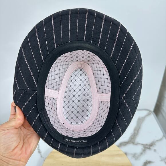 Vintage Y2K Playboy Bunny Fedora Hat Pinstripes Rhinestone S/M Black Pink - Picture 4 of 6